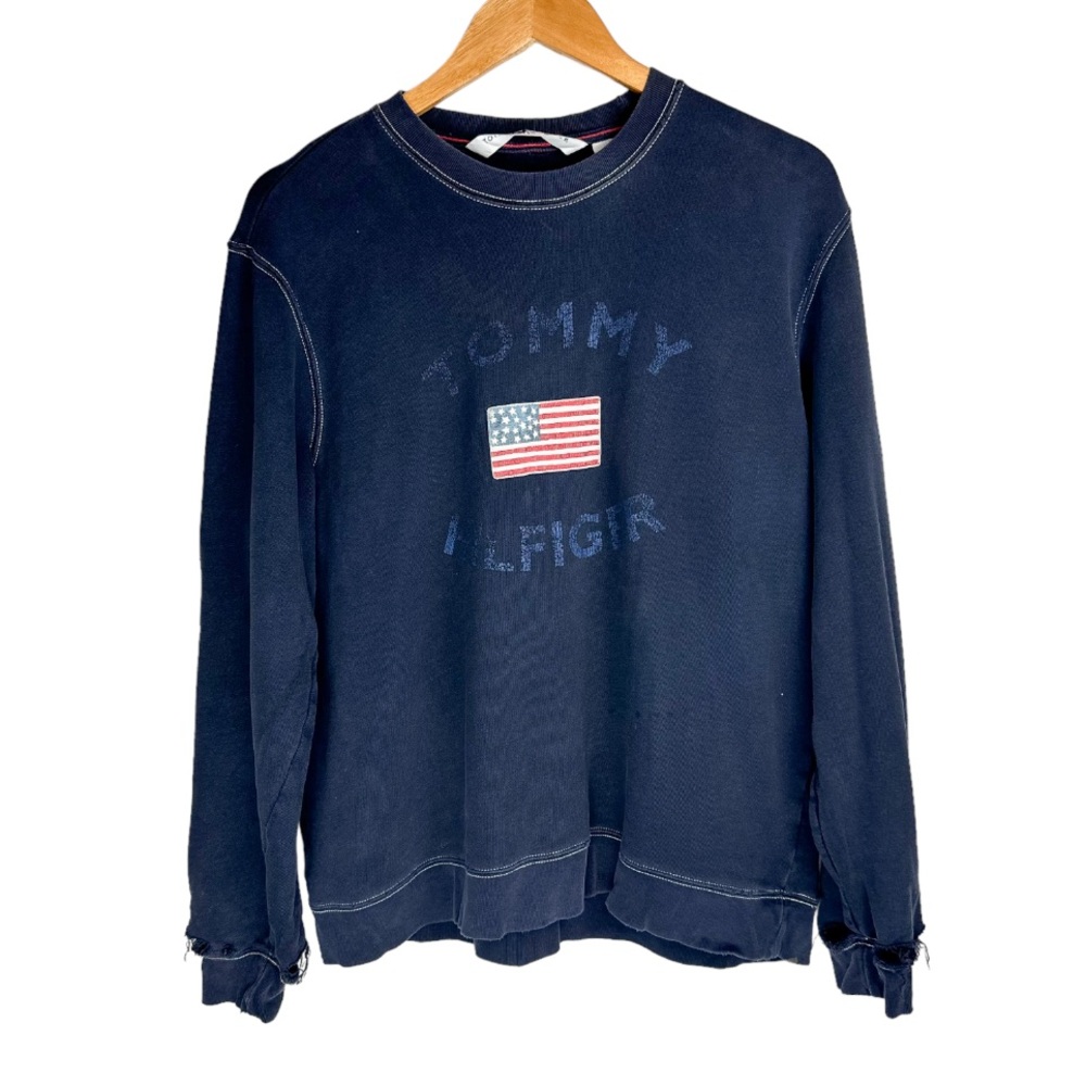 Y2K Tommy Hilfiger Crewneck Sweatshirt Sz Large Logo Flag Distressed